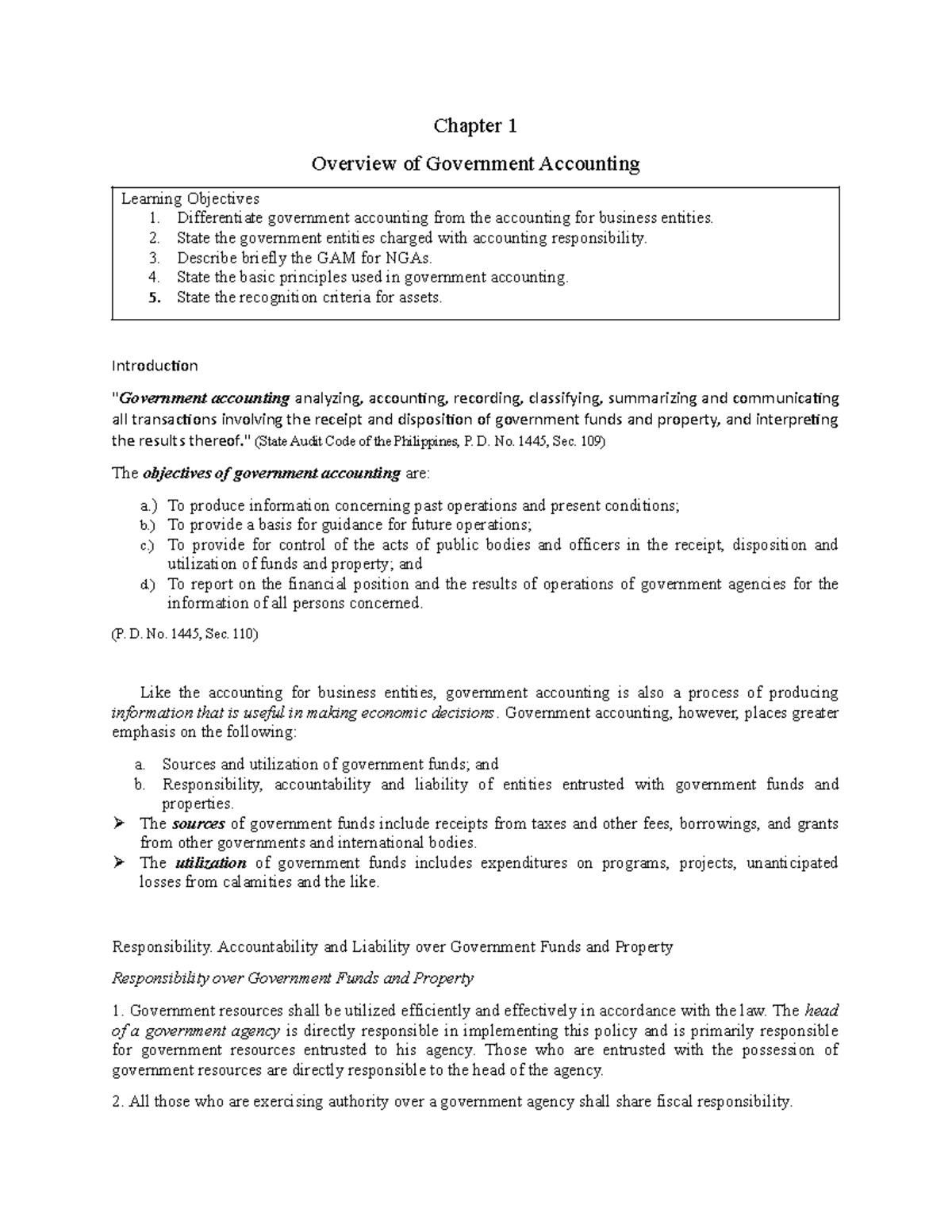 GOVT ACC 101: Chapter 1 - Overview of Government Accounting - Studocu