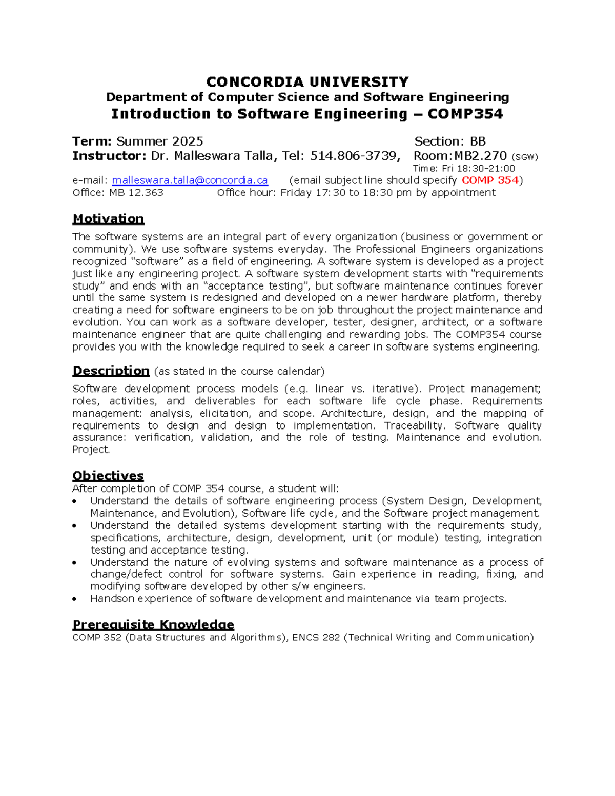 2025S-COMP354-Software Engineering Course Outline and Schedule - Studocu