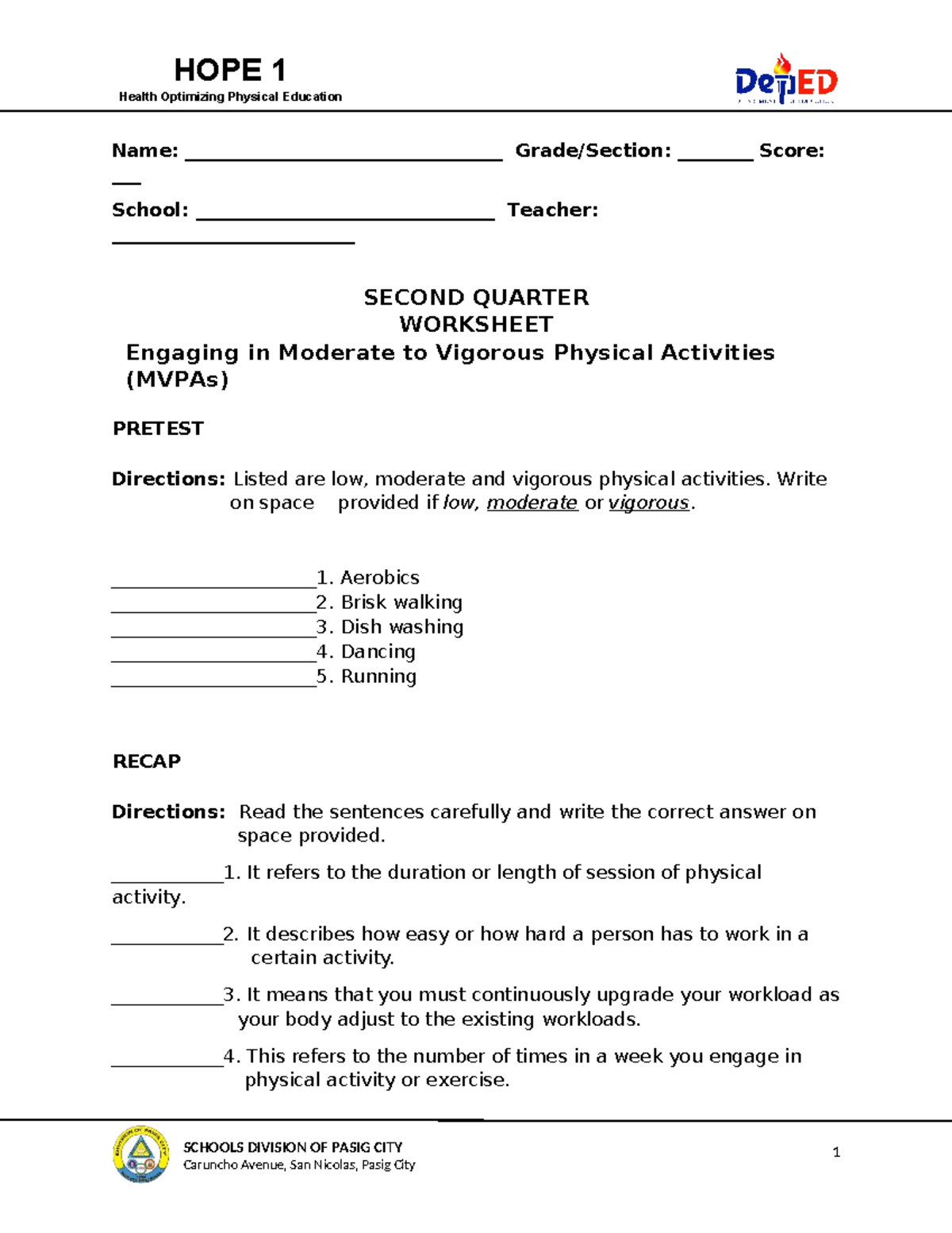 HOPE 1 - Q2 Learning Activity Worksheet on Physical Activities - Studocu