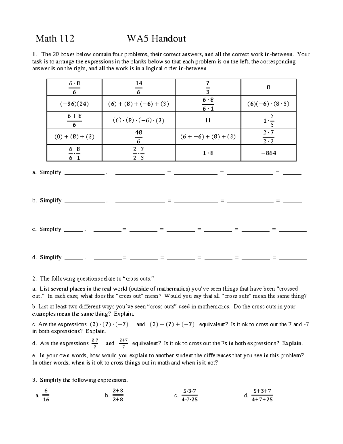 Math 112 WA5 Simplification & Cross Out Problems Handout - Studocu