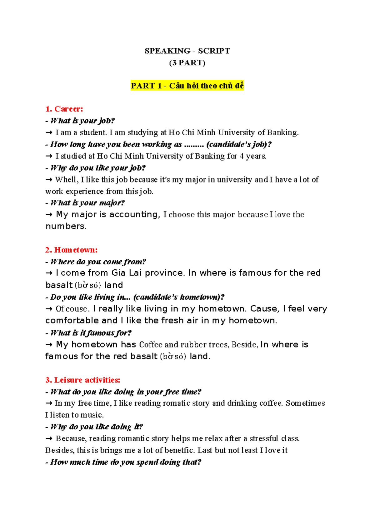 SPEAKING SCRIPT: Career, Hometown, Leisure & More (ENG 101) - Studocu