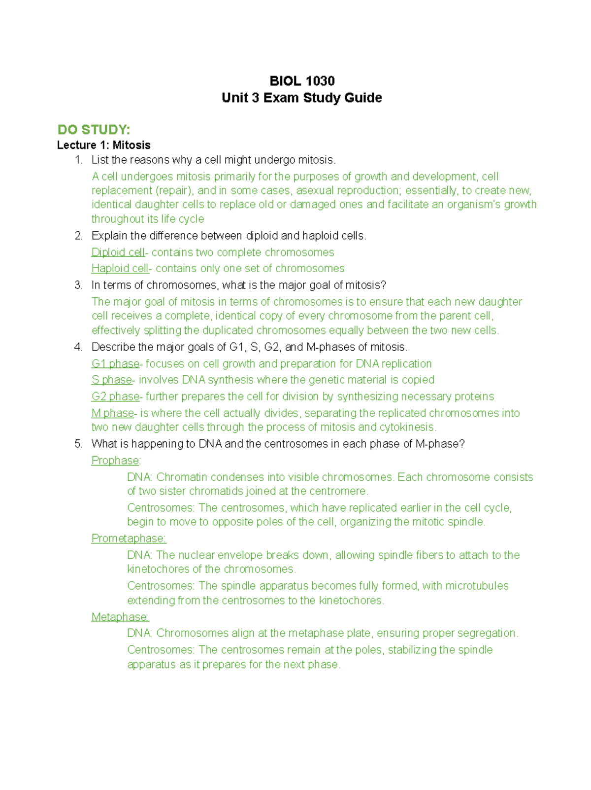 BIOL 1030 Unit 3 Exam Study Guide: Mitosis, Meiosis, and Genetics - Studocu