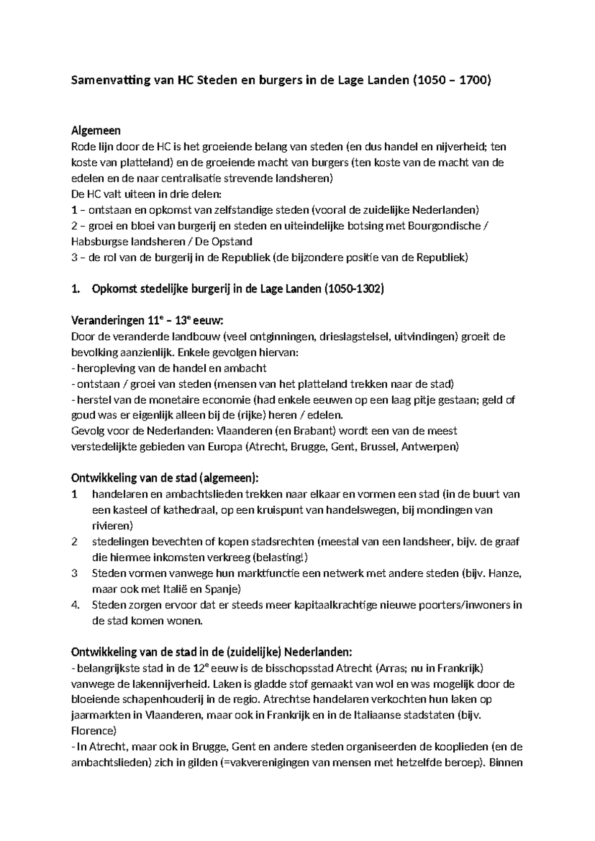 Samenvatting HC Steden en Burgers in de Lage Landen (1050-1700 ...