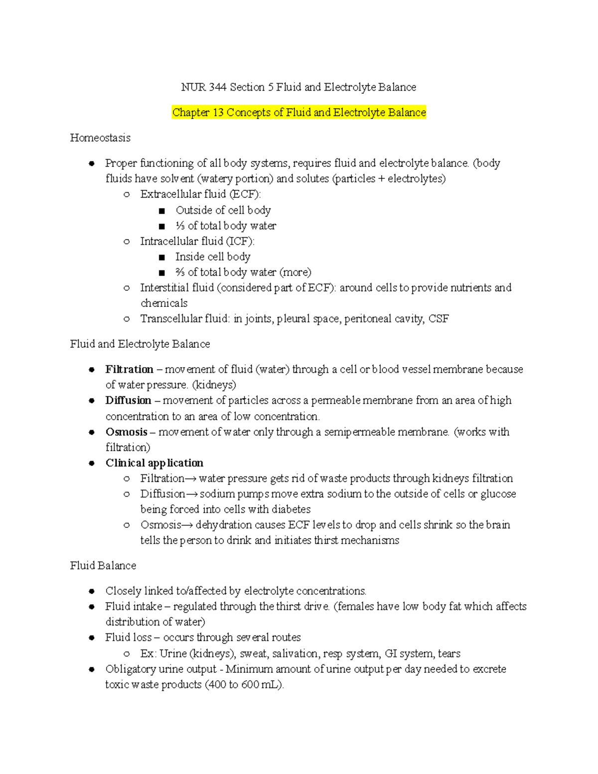 NUR 344 Exam 3 Lecture Notes on Fluid and Electrolyte Balance - Studocu
