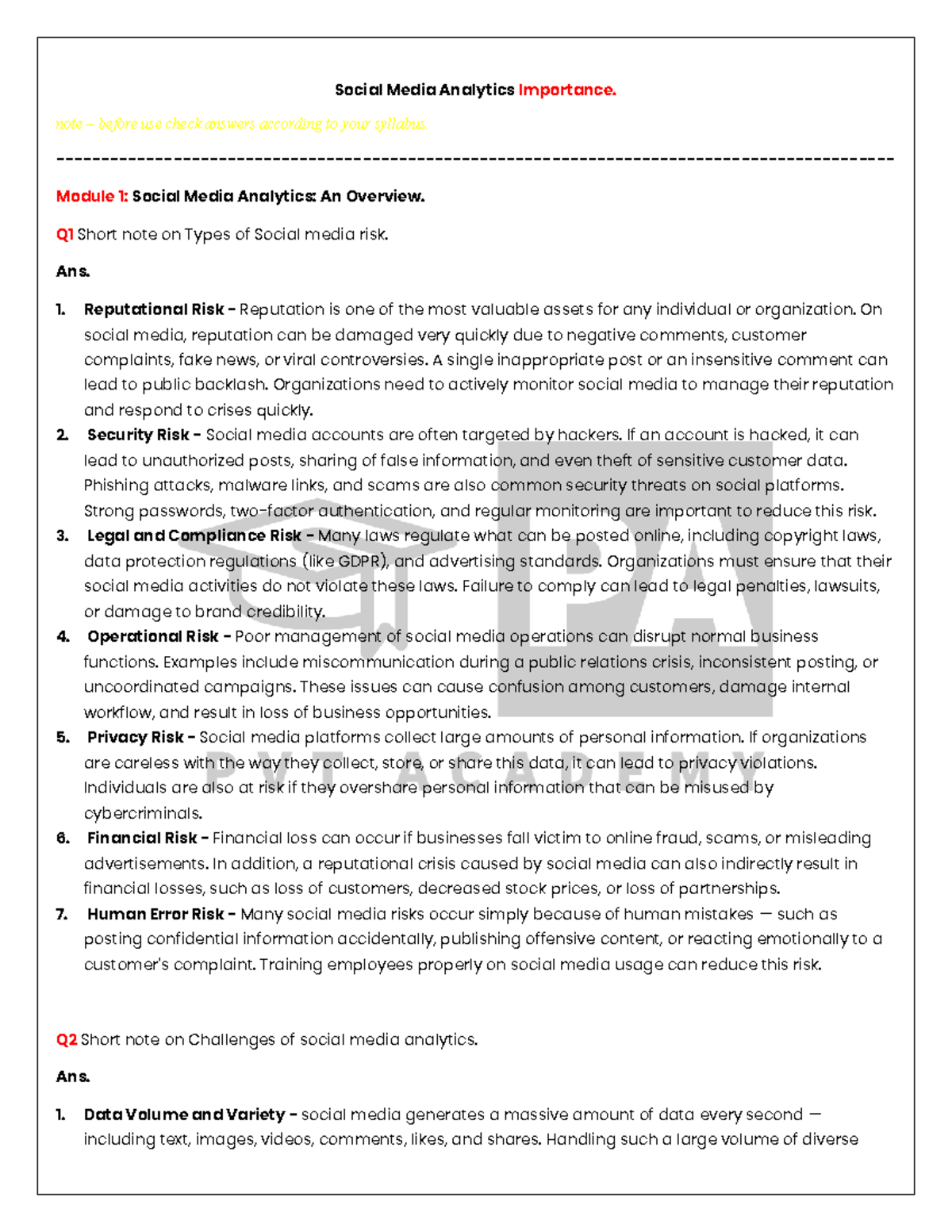 SMA - Important Questions on Social Media Analytics and Risks - Studocu