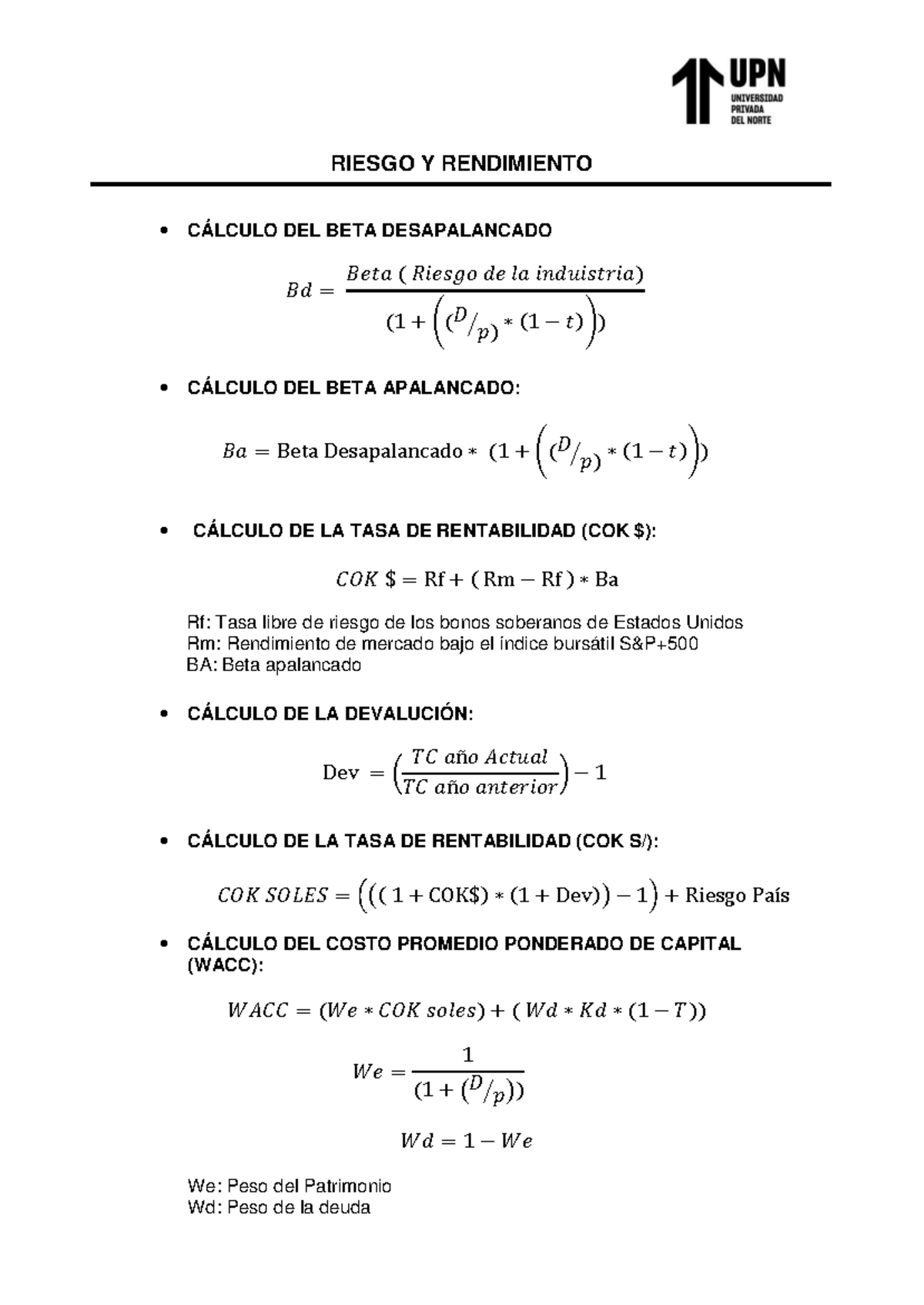 Formulas de Riesgo y Rendimiento en Finanzas - Guía Completa - Studocu