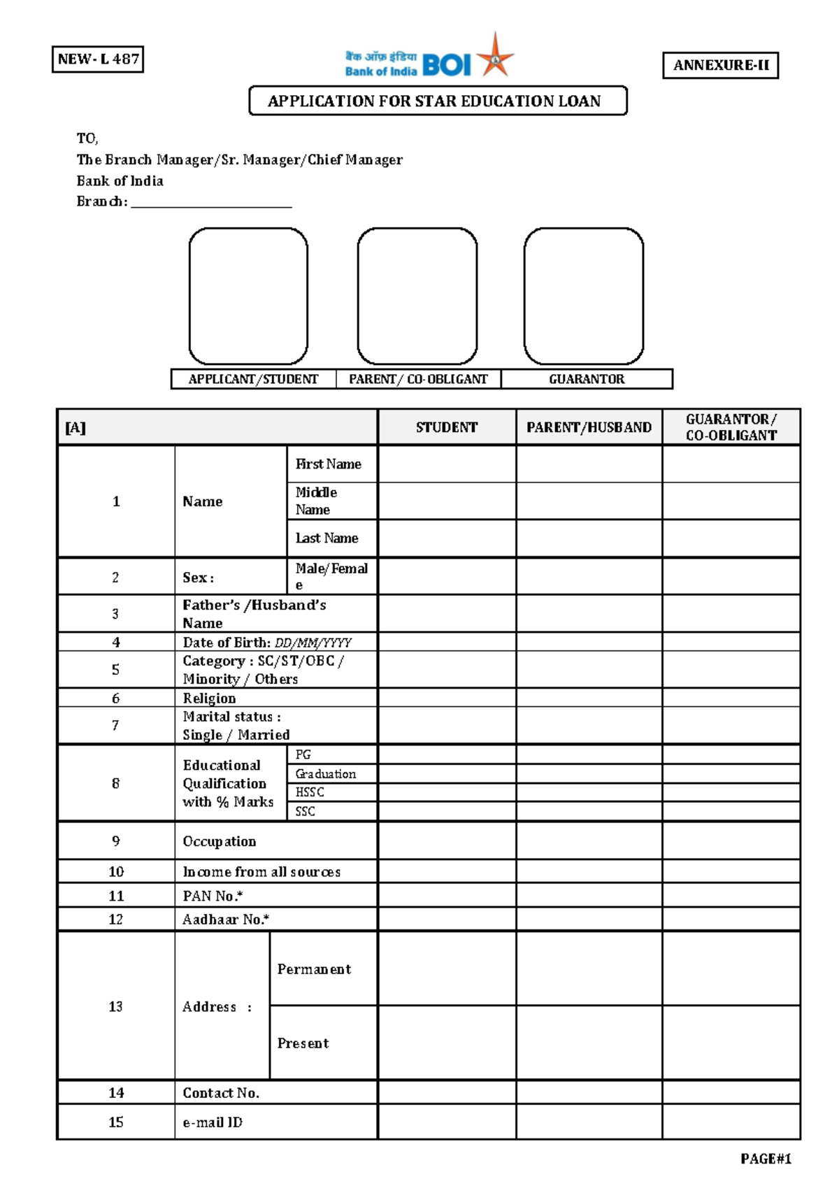 Bank of India Star Education Loan Application Form - Studocu