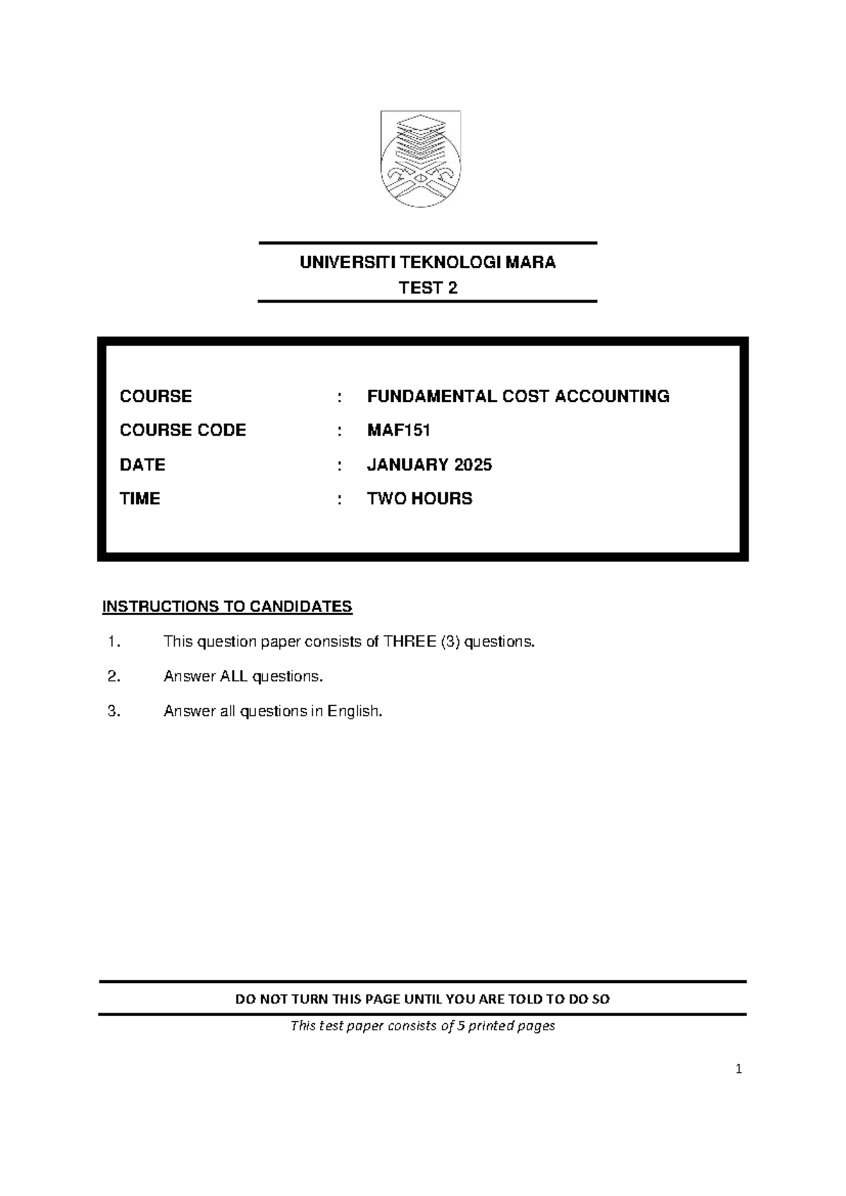 TEST 2 MAF151 FUNDAMENTAL COST ACCOUNTING JAN 2025 - Studocu