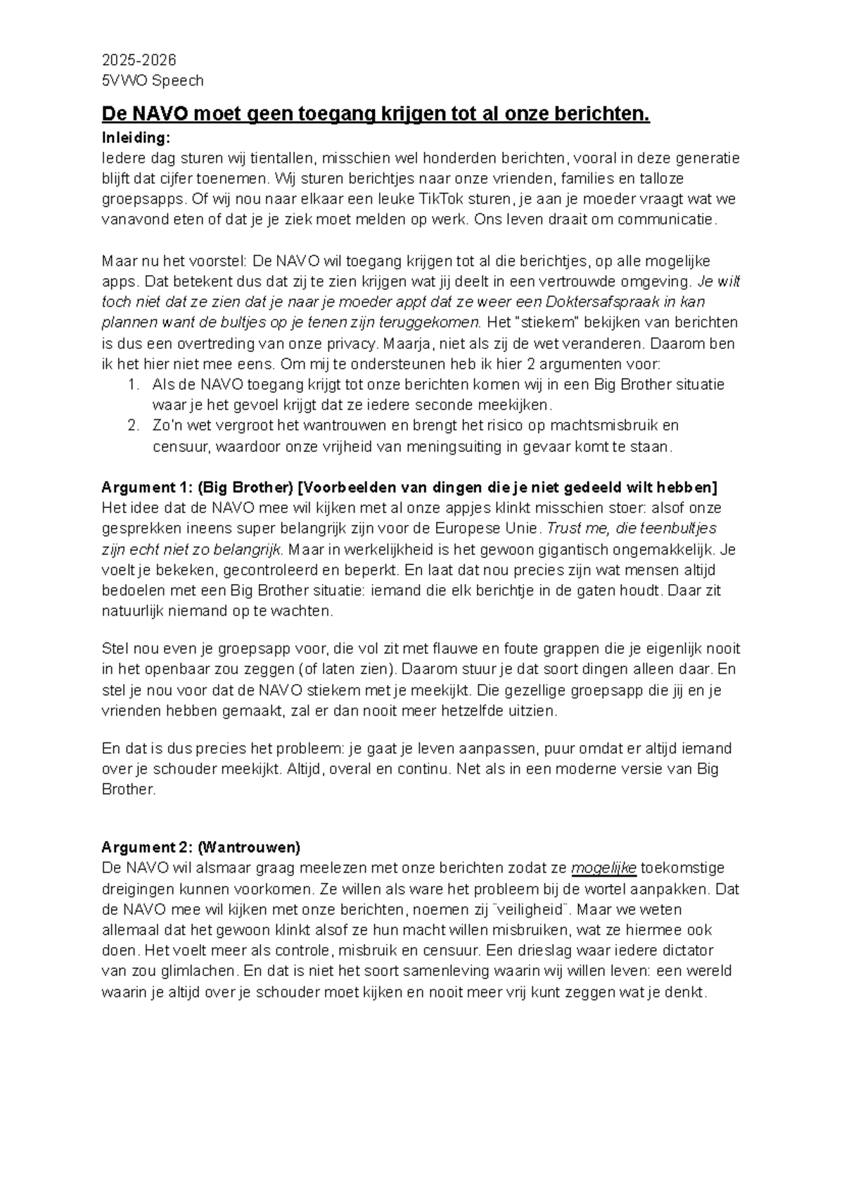 5VWO Speech: NAVO Moet Geen Toegang Krijgen tot Berichten - Studeersnel