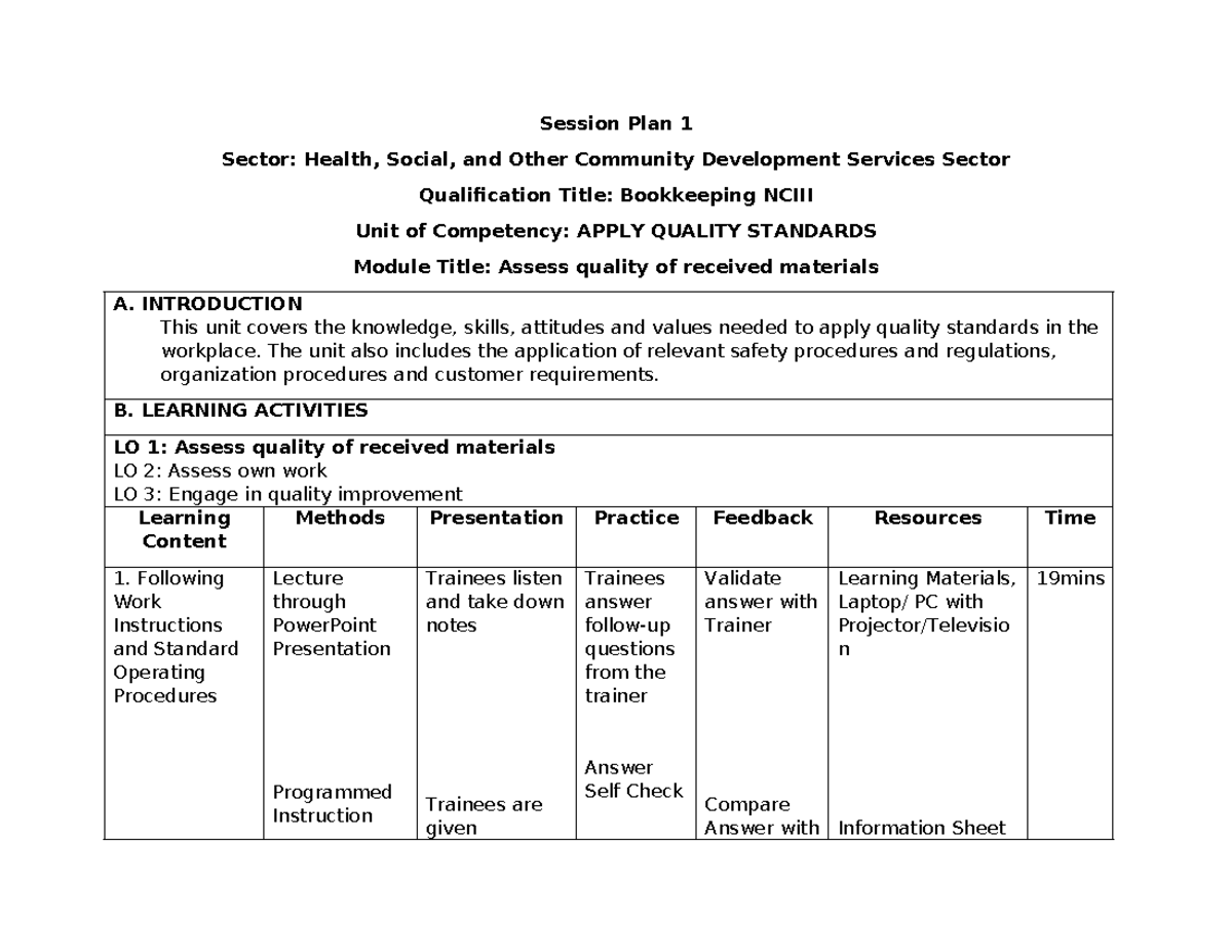 Session Plan for Bookkeeping: Quality Standards & Computer Operations ...