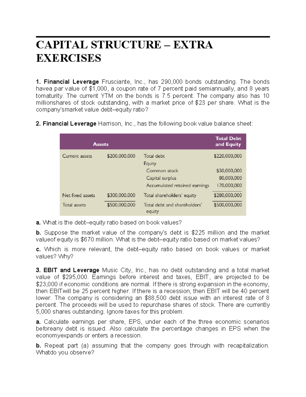 2026 FIN 301 - Capital Structure Extra Exercises and Problems - Studocu