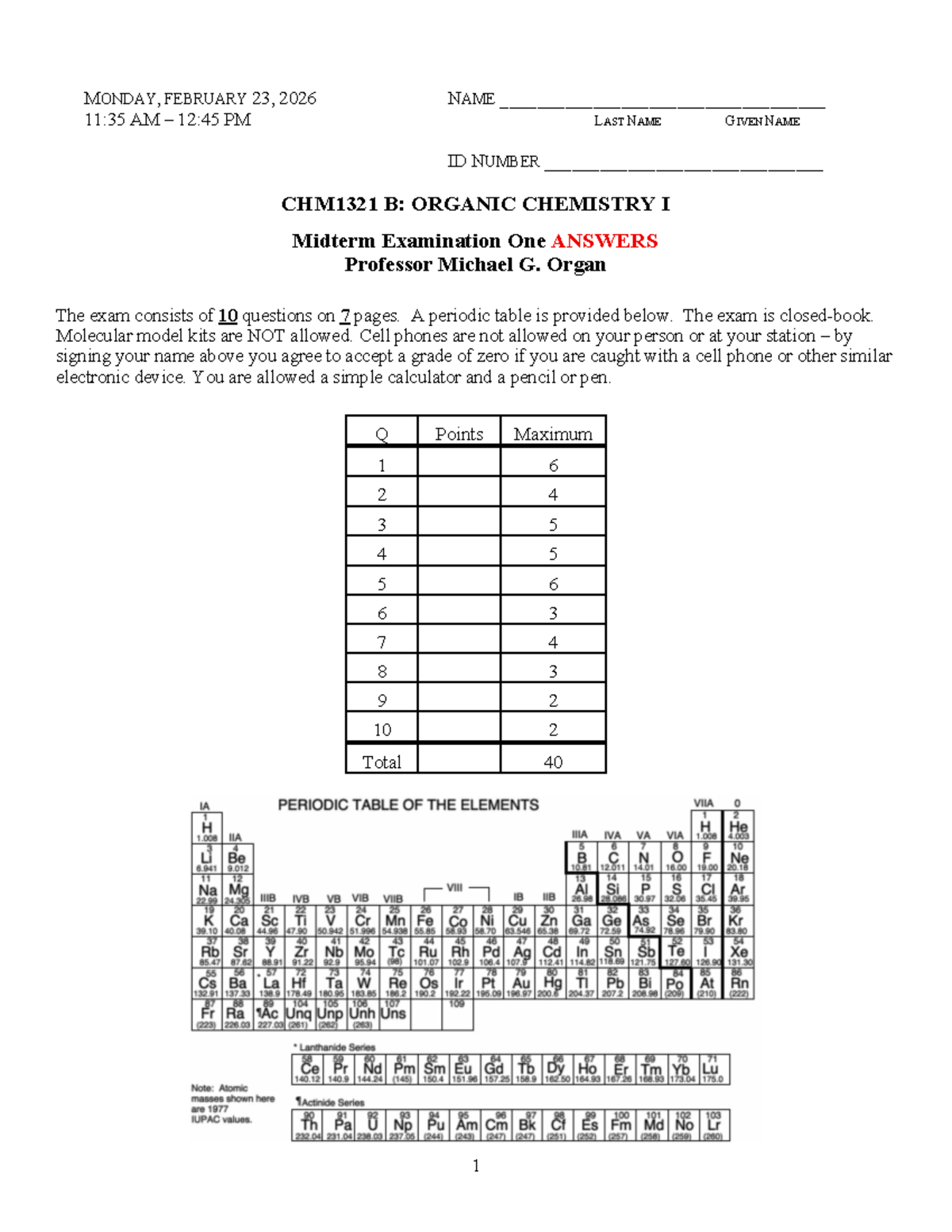 CHM1321 B: Organic Chemistry I Midterm Exam One Answers (2026) - Studocu