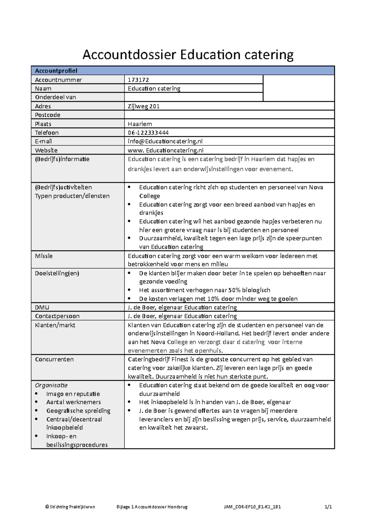 Voorbeeld Accountdossier Education Catering - JAM_CO6-EP10_B1-K2_1B1 ...