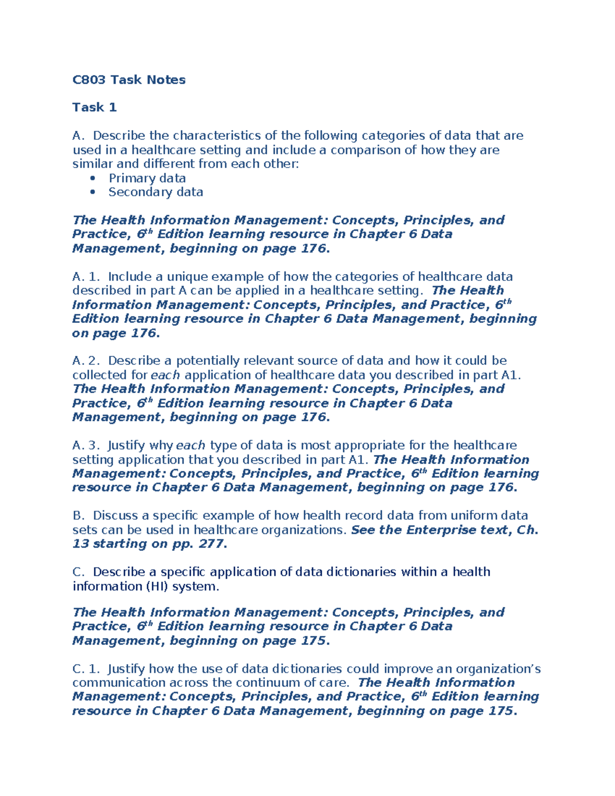 C803 Task 1 Notes: Data Categories in Healthcare and Applications - Studocu