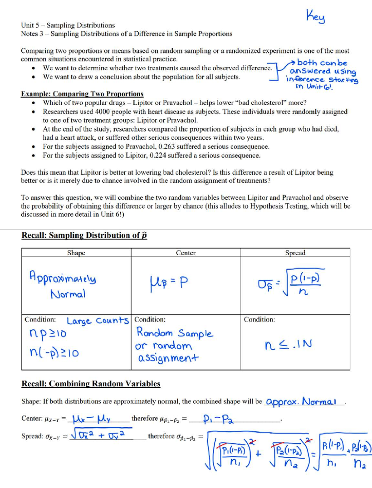 Key Unit 5: Sampling Distributions of Differences in Proportions - Studocu