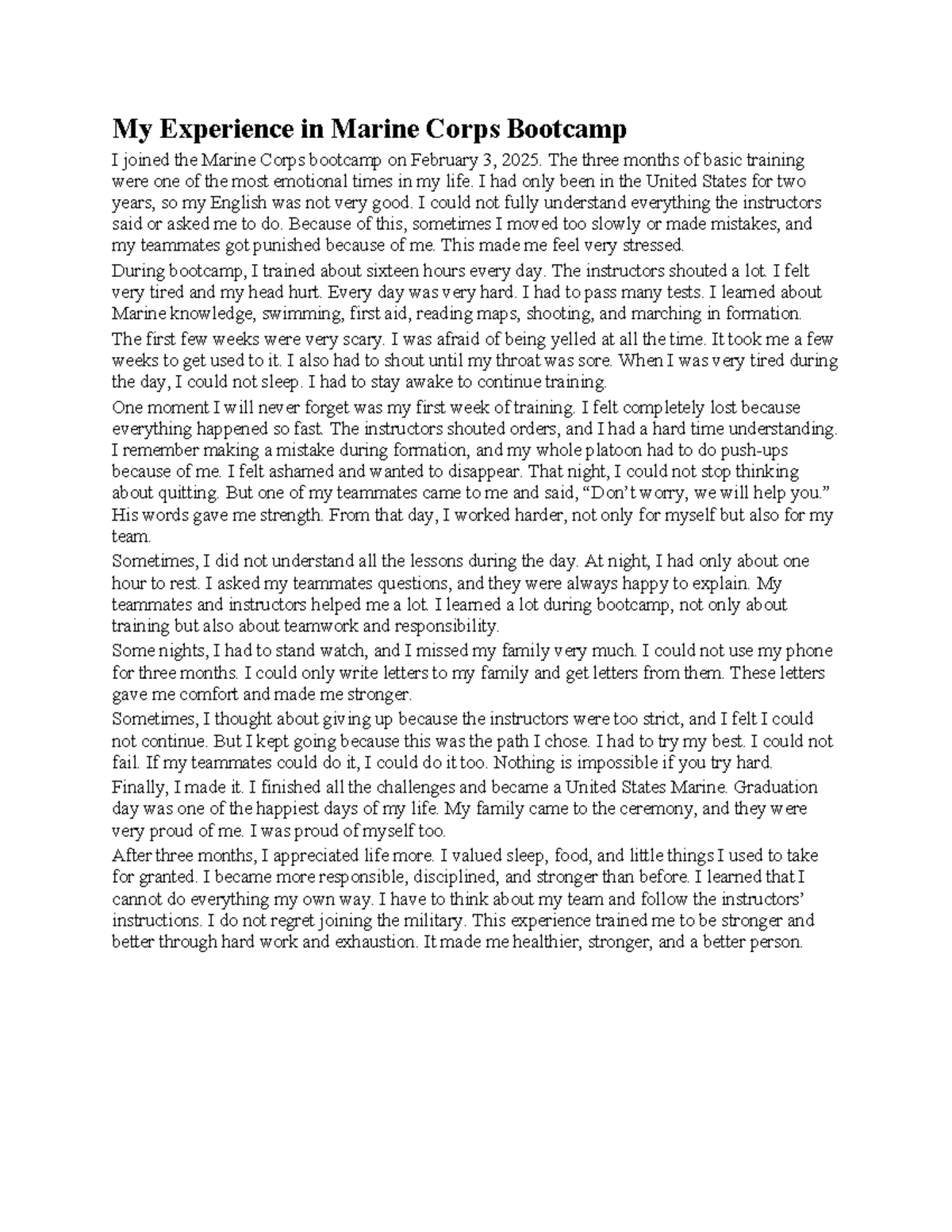 ENGL1301 Narrative: My Journey Through Marine Corps Bootcamp - Studocu