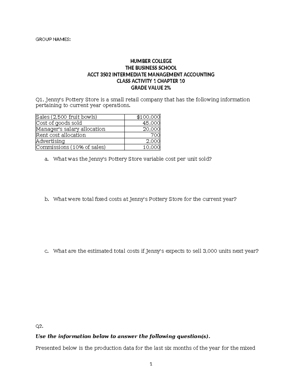 ACCT 3502 Class Activity 1: Chapter 10 Analysis & Cost Calculations ...