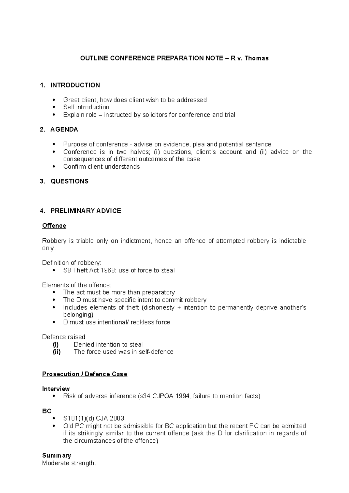 R v. Thomas: Conference Preparation Notes for Trial - Studocu