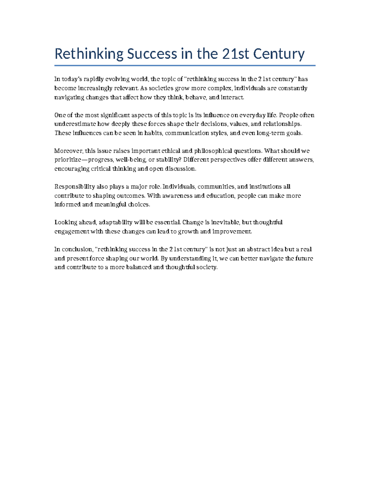 Rethinking Success: Navigating 21st Century Challenges - Studocu