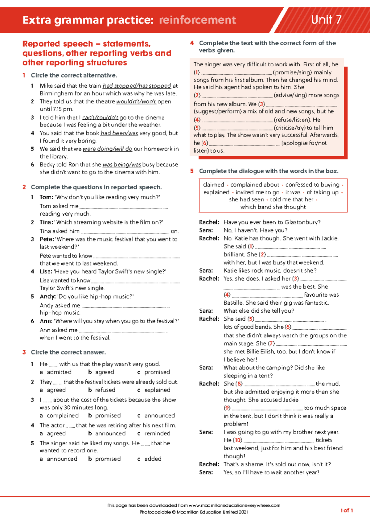 B2 U7 Extra Grammar Practice: Reported Speech Exercises - Studocu
