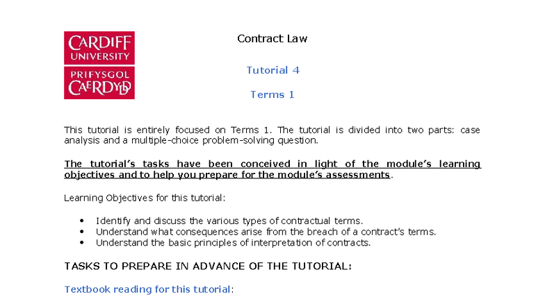 Contract Law Tutorial 4: Focus on Terms 1 and Case Analysis - Studocu