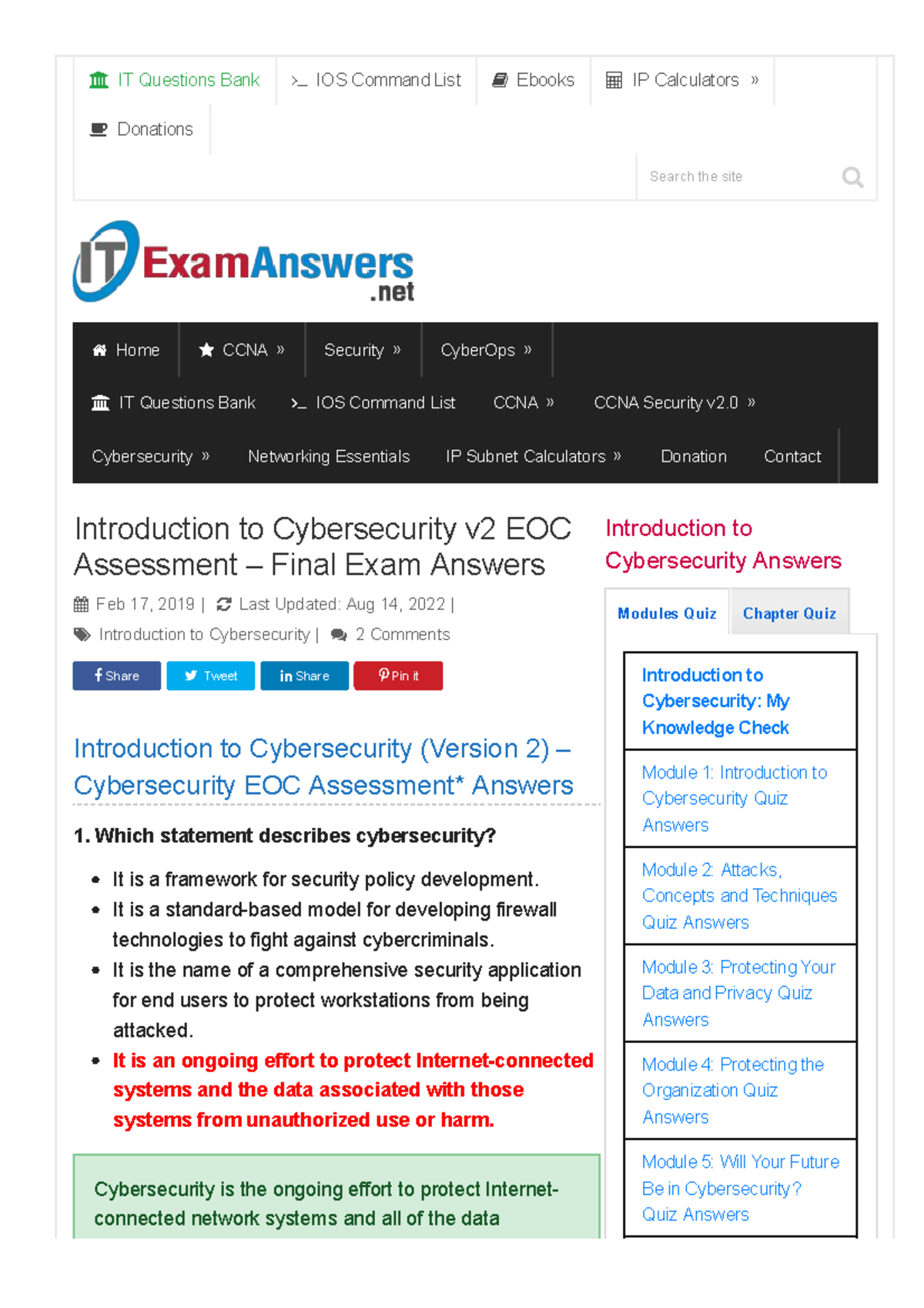 Introduction to Cybersecurity v2 - Final Exam Answers - Studocu