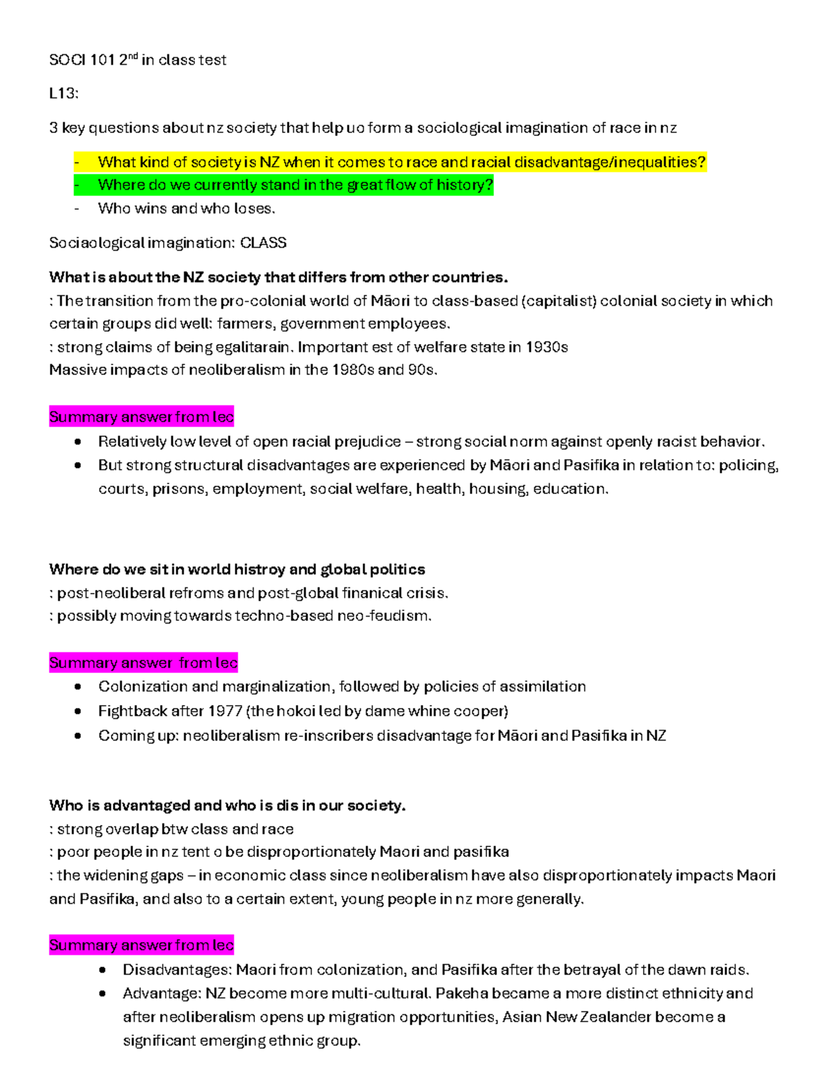 SOCI 101 2nd In-Class Test: Key Questions on Race in NZ Society - Studocu