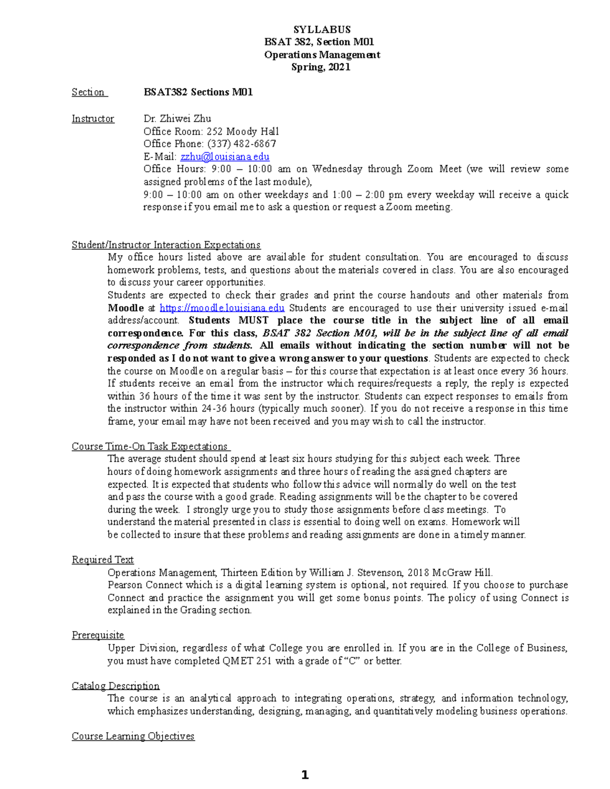 BSAT 382 M01 S21 Syllabus: Operations Management Module Overview - Studocu
