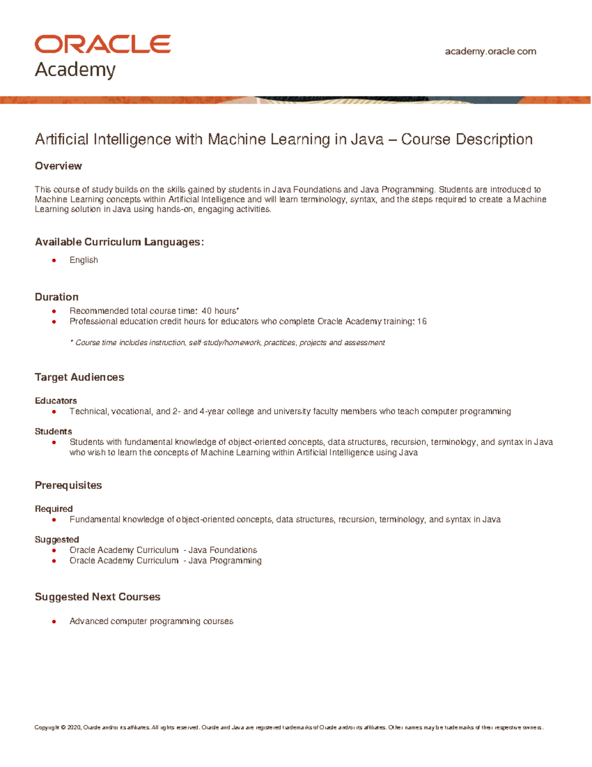 Oracle Academy Artificial Intelligence with ML in Java Course ...