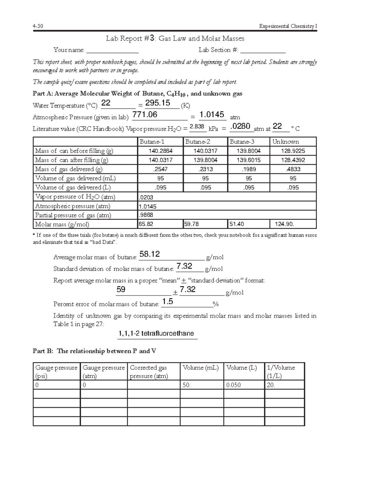Lab Report 3 (CHEM101) - Analysis of Gas Laws & Molar Masses - Studocu