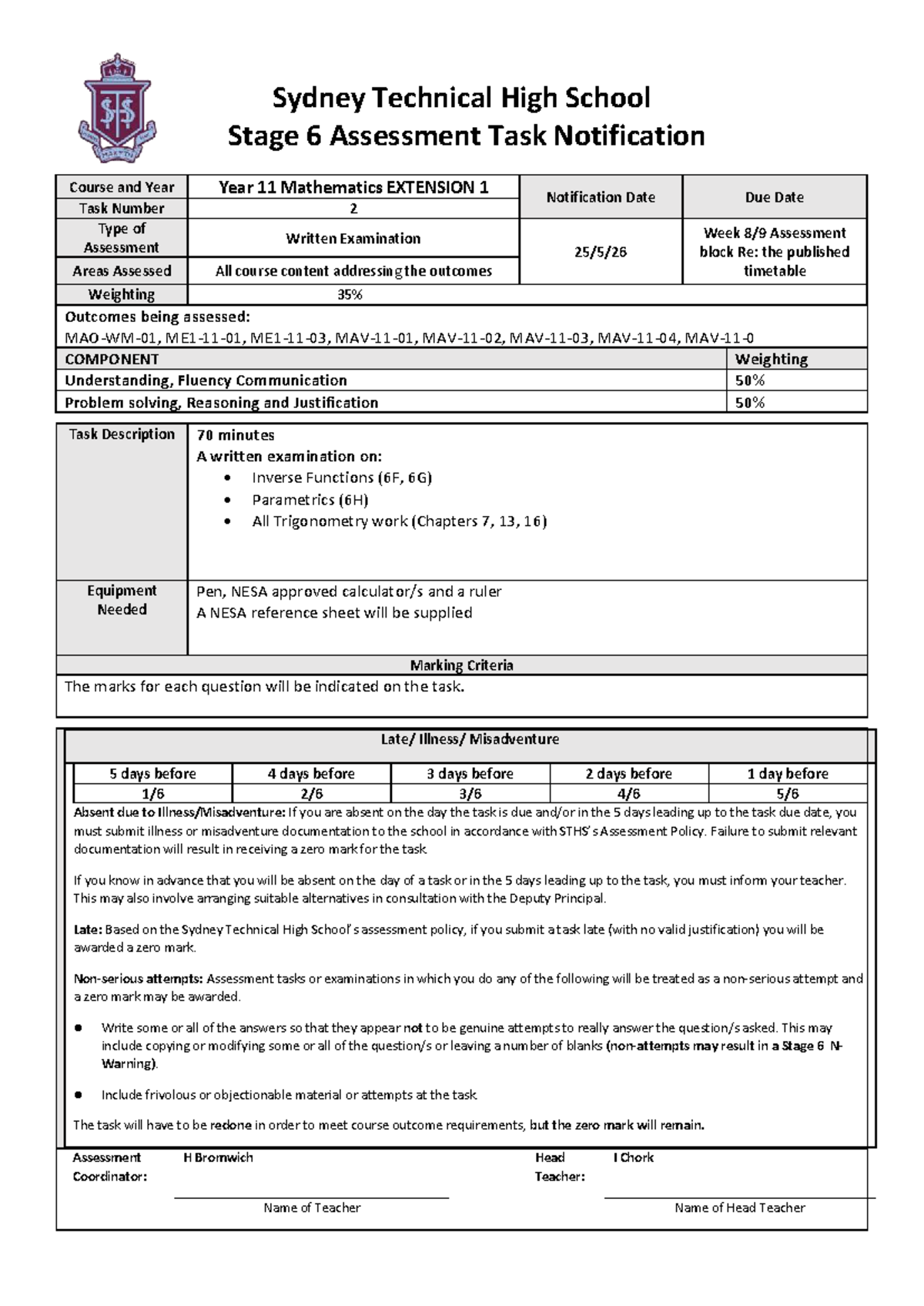 2026 Year 11 Mathematics EXT 1 Task 2 Exam Notification - Studocu
