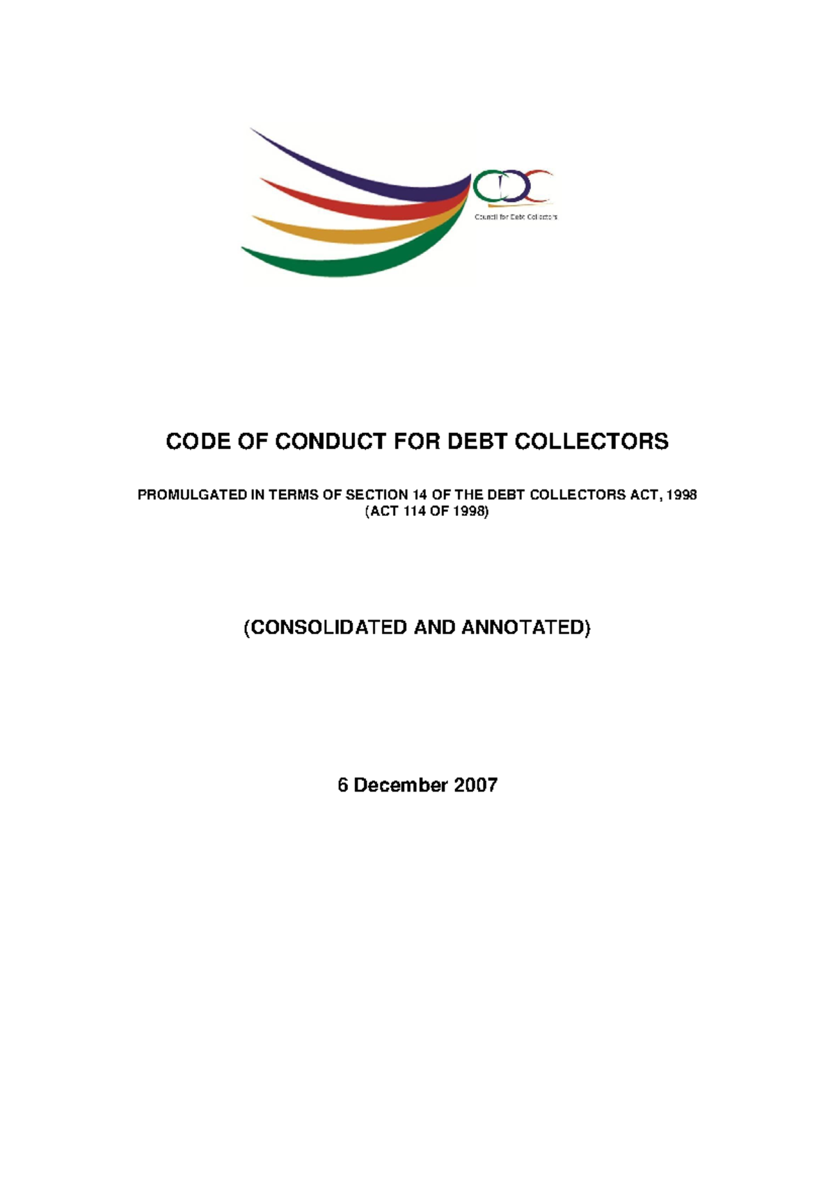 Debt Collectors Act Code of Conduct (Act 114 of 1998) Annotated Guide ...