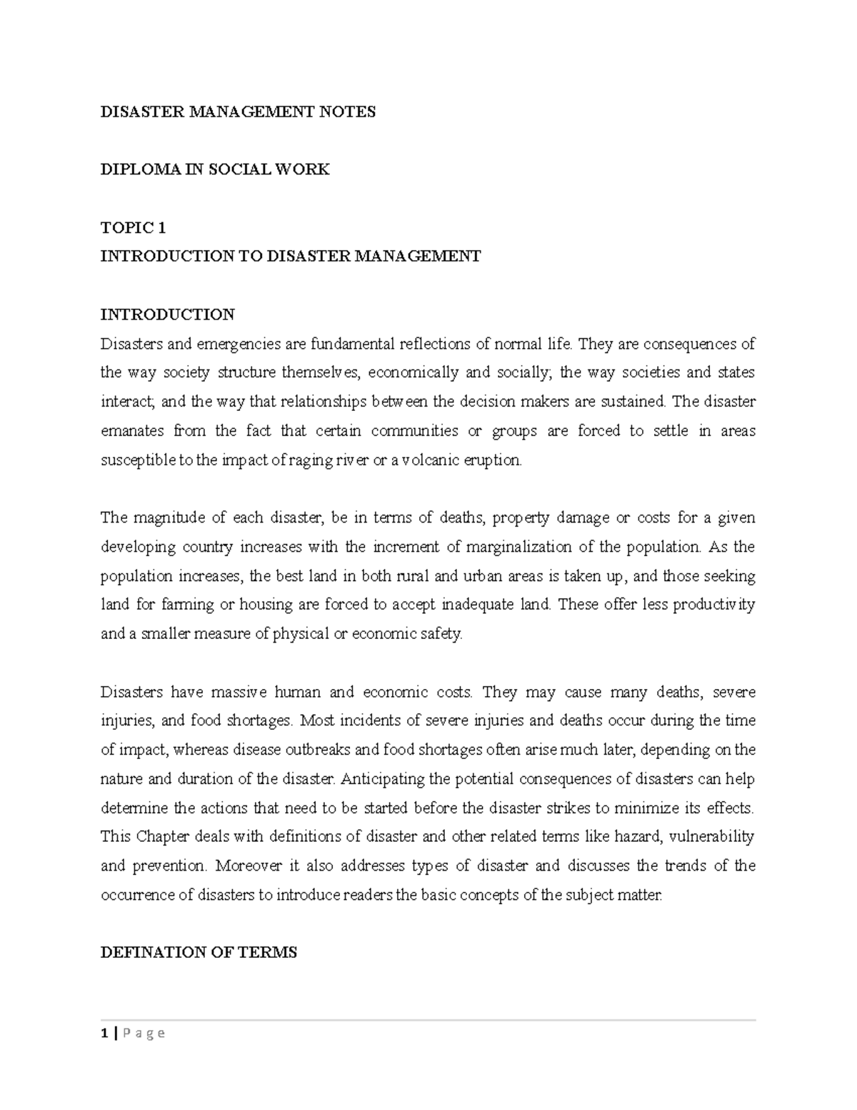 Disaster Management Notes for Diploma in Social Work - Intro & Prep ...