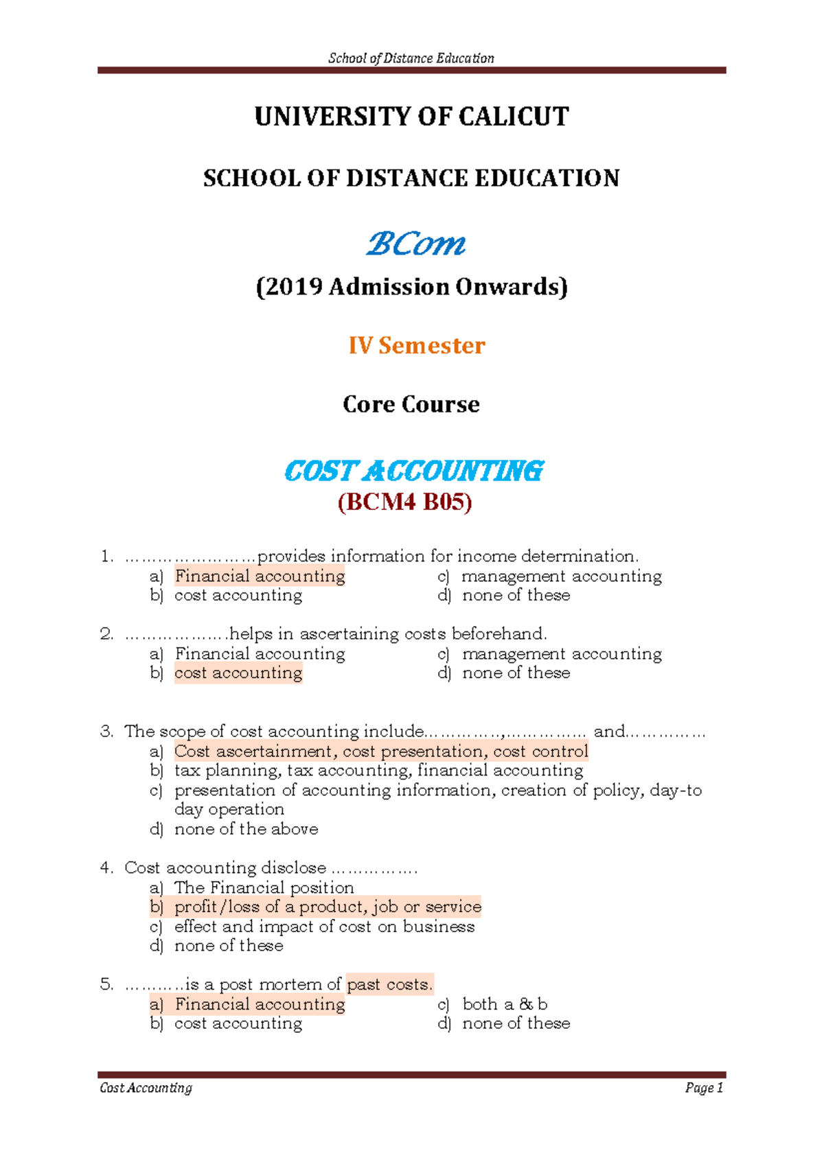 MCQ - Cost Accounting (BCM4 B05) Study Notes for IV Semester - Studocu