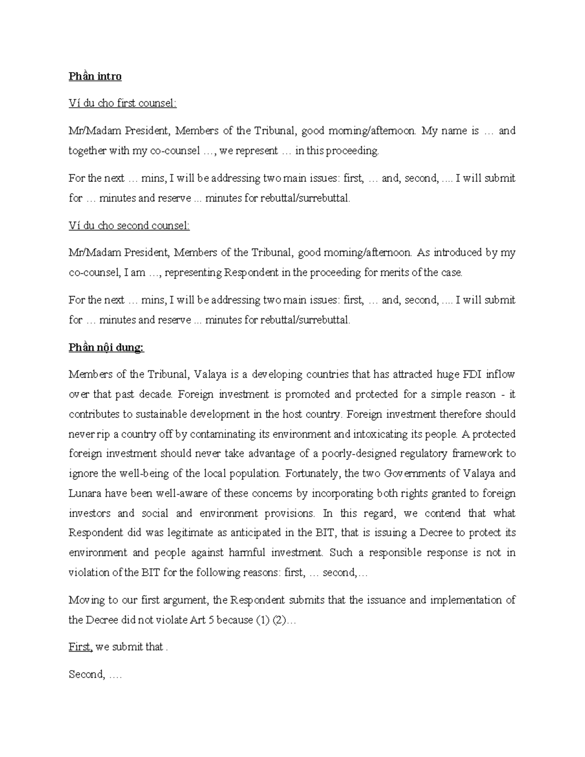 Mooting Script Sample: First Counsel Presentation for Tribunal - Studocu
