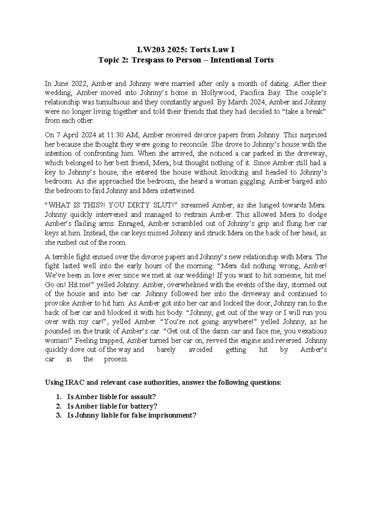 LW203 Topic 3 Tutorial: Defences to Intentional Torts & Harassment ...
