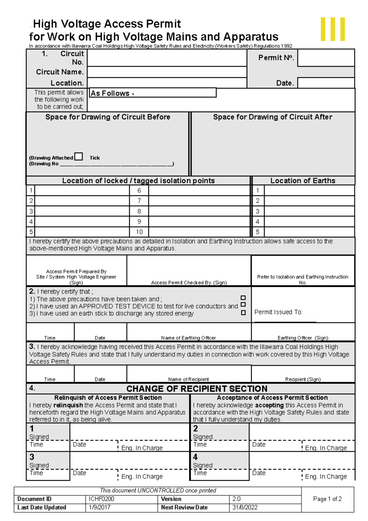 High Voltage (HV) Access Permit - This document UNCONTROLLED once ...