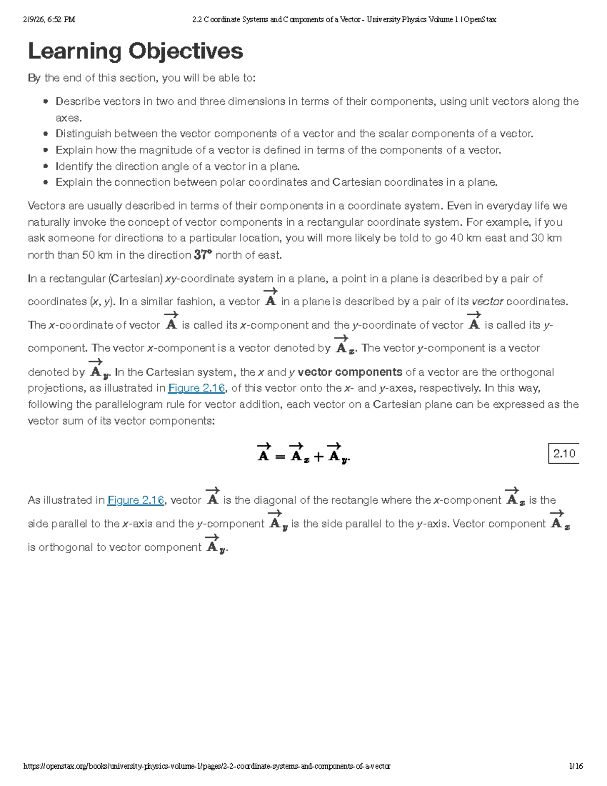 2.2 Coordinate Systems and Vector Components - University Physics 1 ...