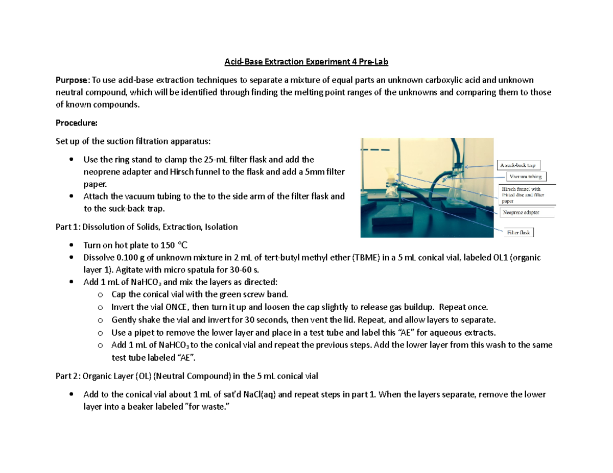 ACID-BASE EXTRACTION EXPERIMENT 4: PRE-LAB GUIDE - Studocu