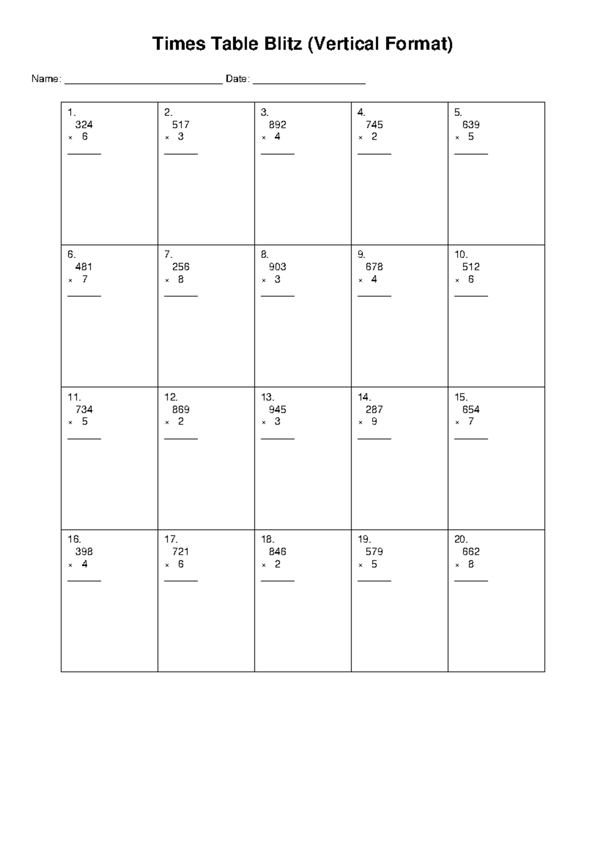 Times Table Blitz (Vertical Format) - Practice Worksheet - Studocu