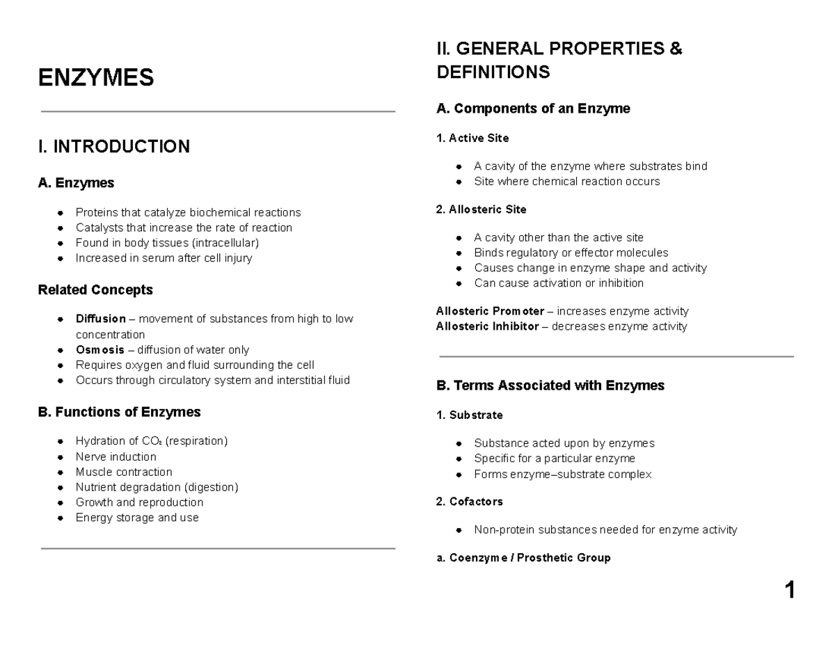 CC - Enzymes II: General Properties & Functions - Lecture Notes - Studocu