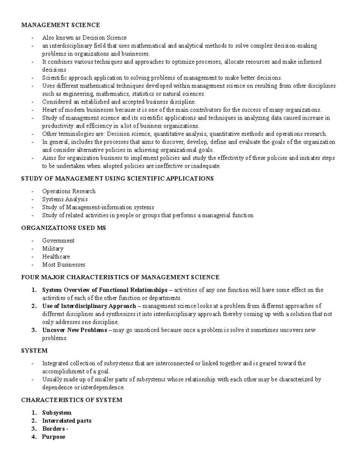 Management Science - for referential notes - MANAGEMENT SCIENCE Also ...
