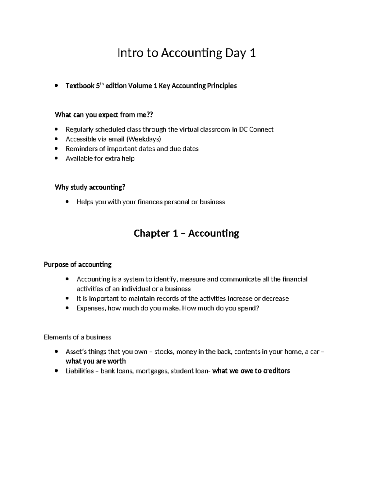 Intro to Accounting (ACCT101) - Day 1 Lecture Notes - Studocu