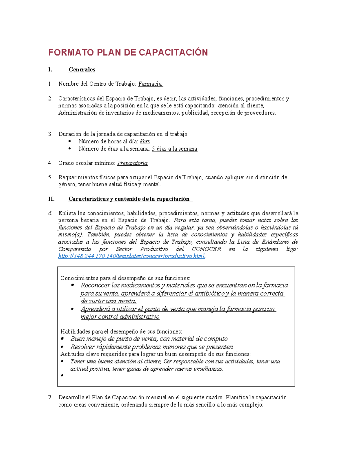 Formato de Capacitación para Jóvenes en Farmacia: Plan Mensual - Studocu