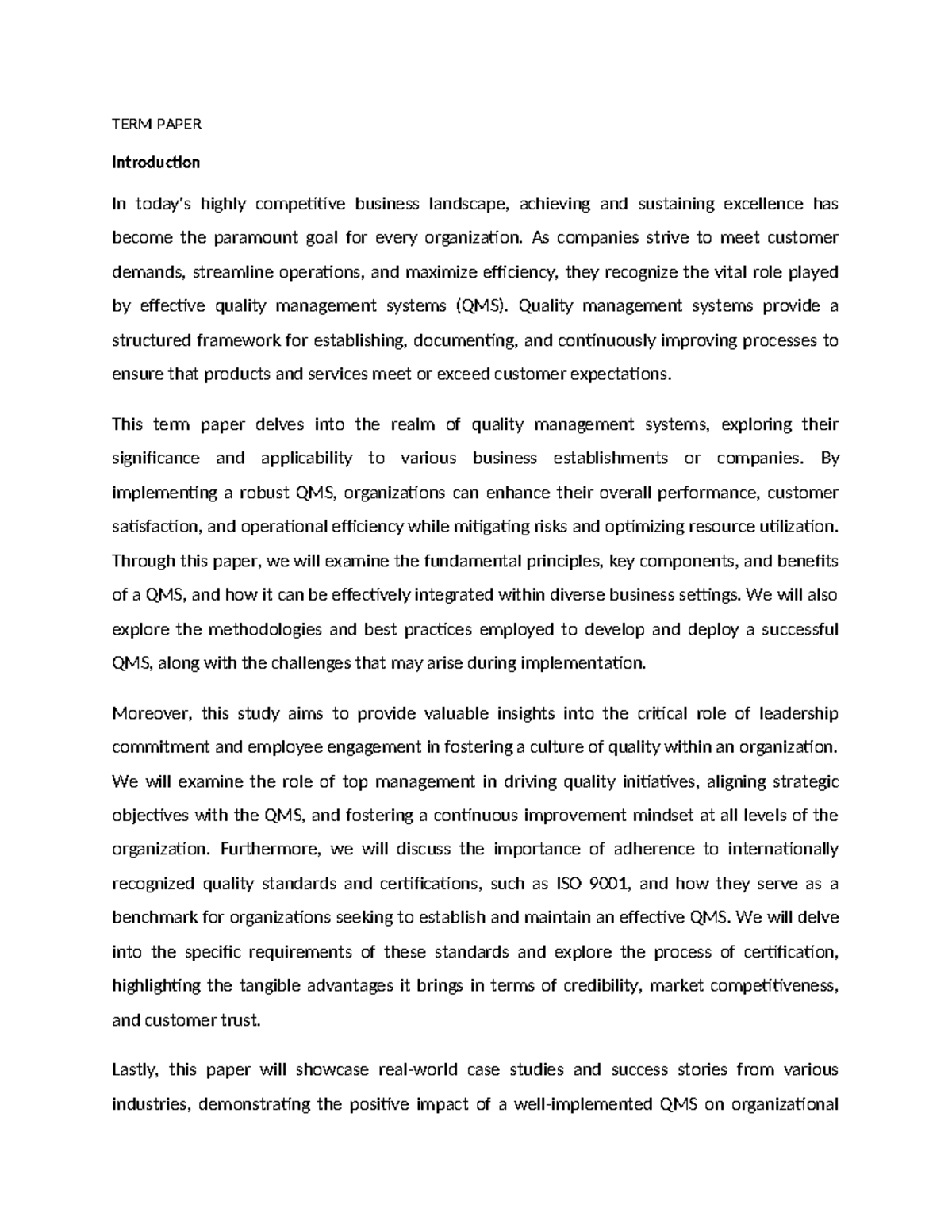 Quality Management Systems: Term Paper on QMS Principles and Practices ...