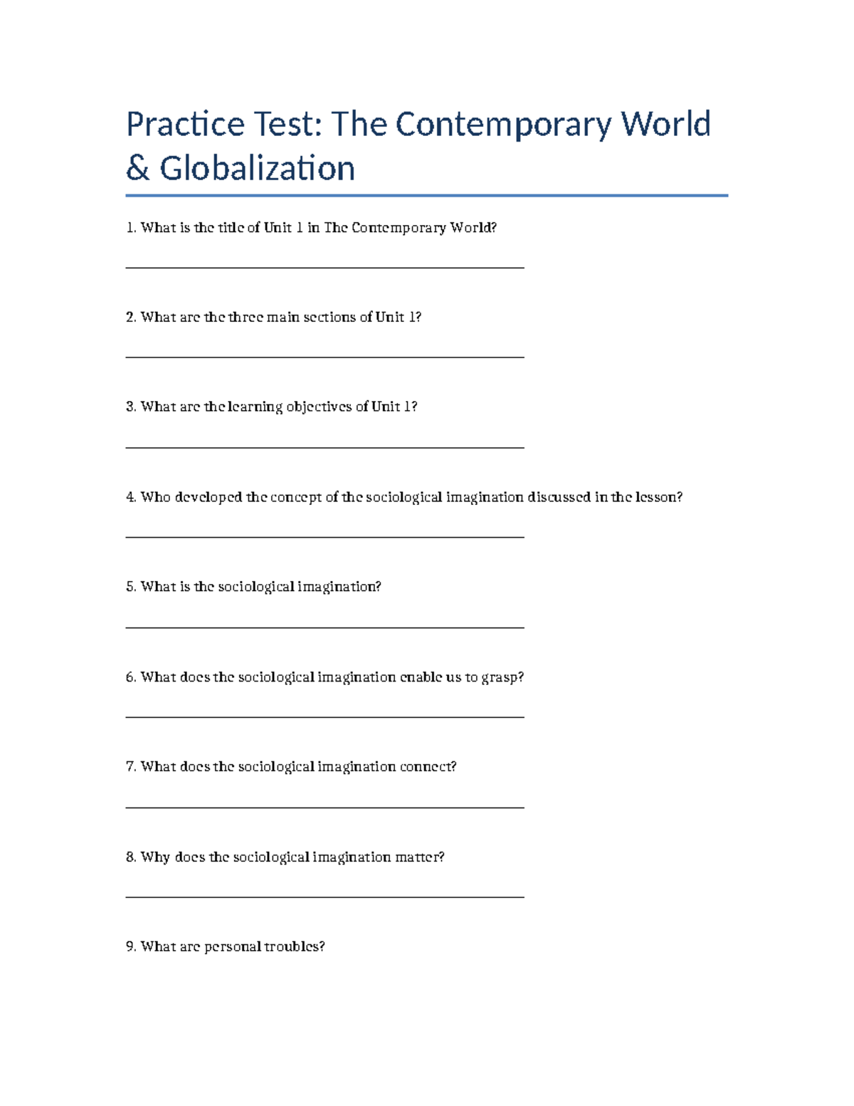 Practice Test: Globalization in The Contemporary World - Studocu
