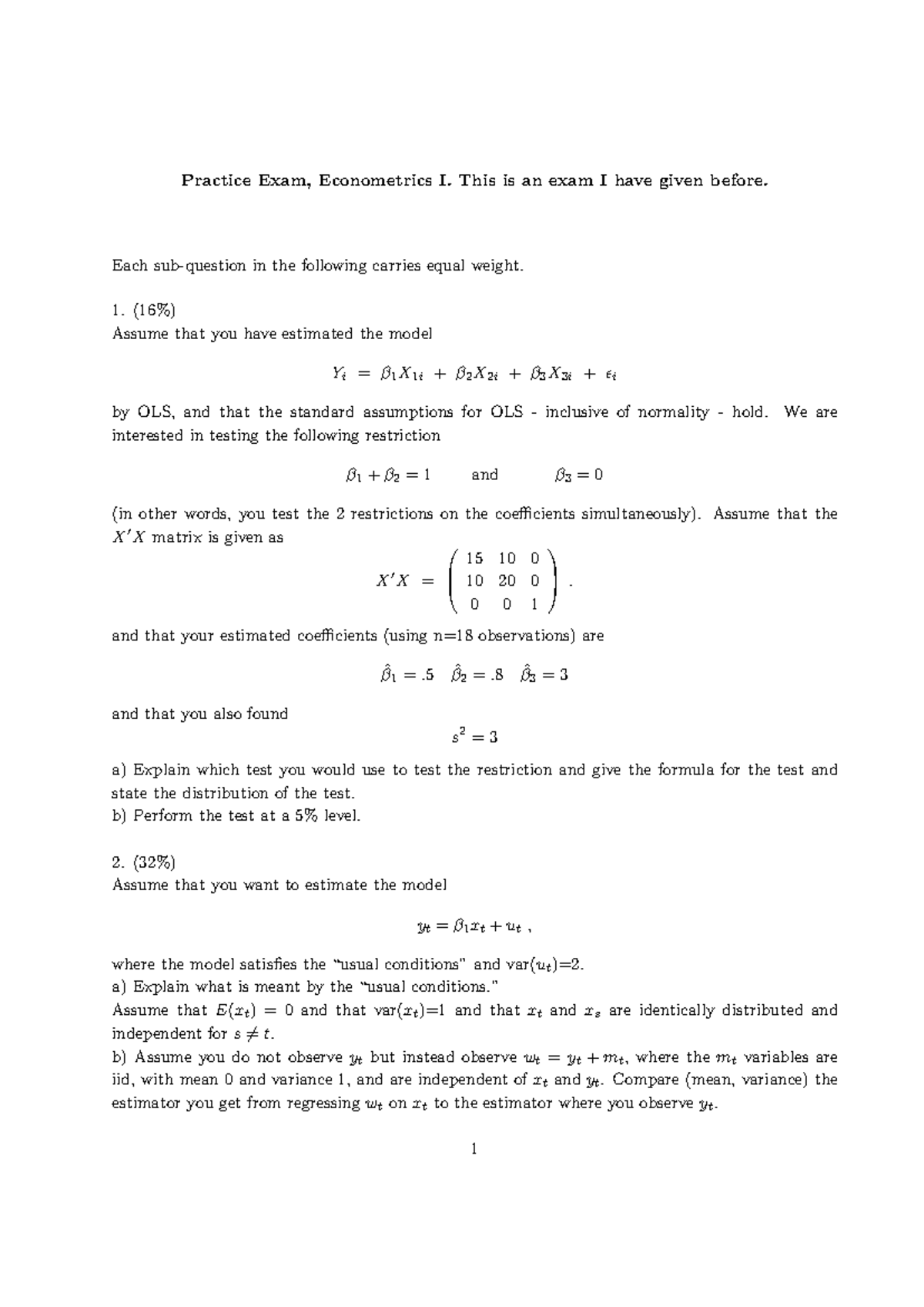 Practice Exam, Econometrics I: Key Concepts and Tests - Studocu