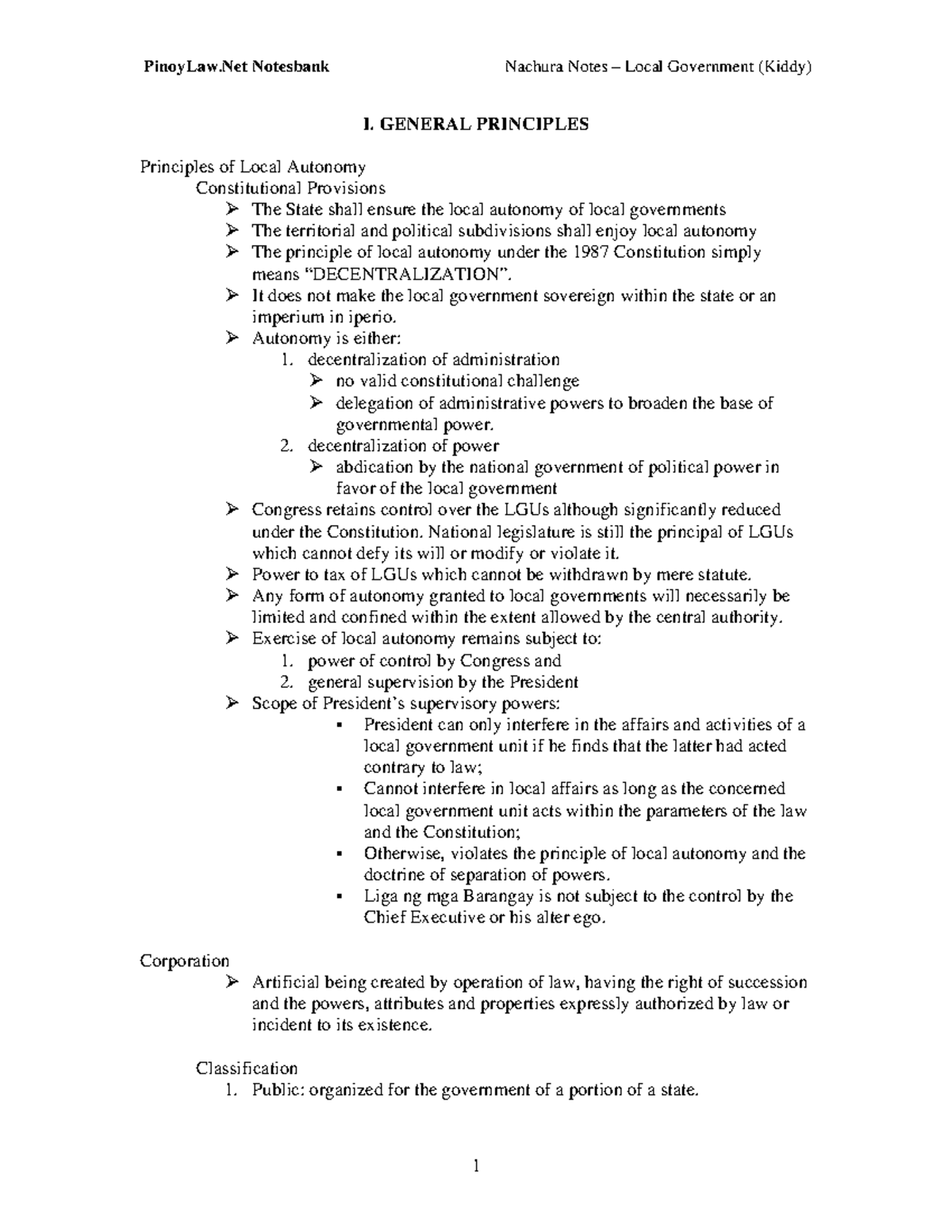 Nachura Notes on Local Government (Kiddy) - Principles & Powers - Studocu