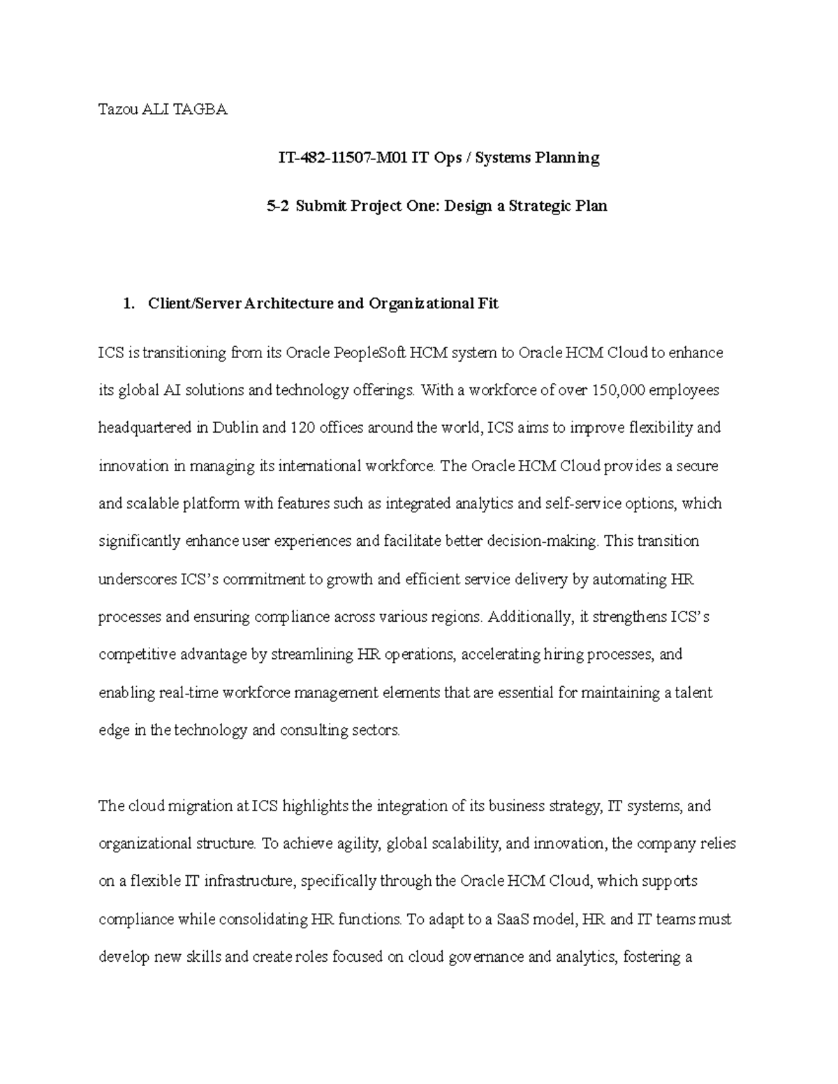 ICS IT Ops Project 5-2: Strategic Plan for Oracle HCM Cloud Migration ...