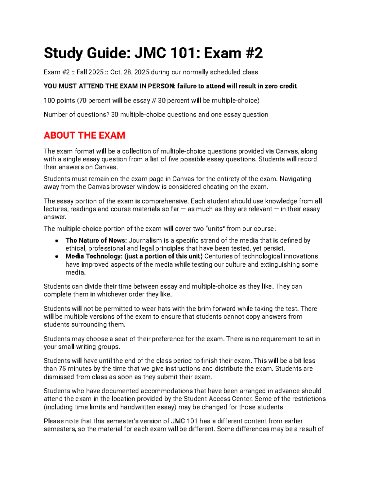 Study Guide for JMC 101: Exam #2 - Fall 2025 - Studocu